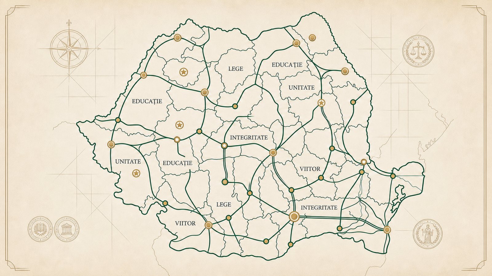 Hartă arhitecturală a României cu rute civice și accente academice în verde și auriu.
